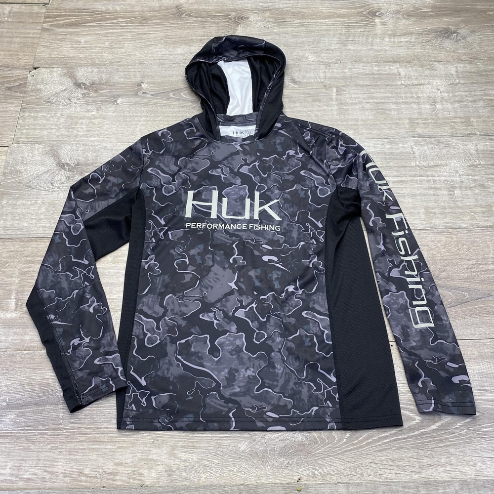 Huk‎ Hoodie Shirt Mens Small Black Camo Lightweight Performance Fishing Logo